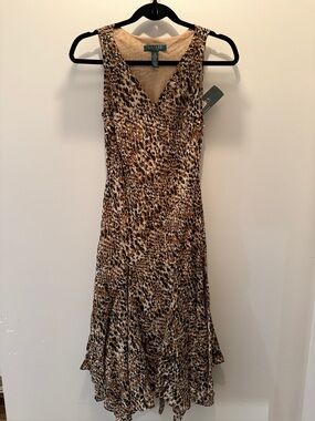 Lauren Ralph Lauren Petite 2 NWT Leopard Print Handkerchief Hem Midi Dress